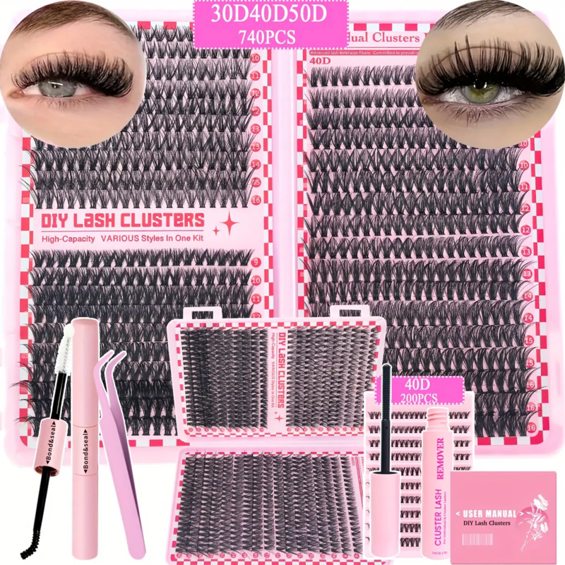 Lash Extension Tweezers - 740/200 pezzi Kit estensione ciglia cluster,